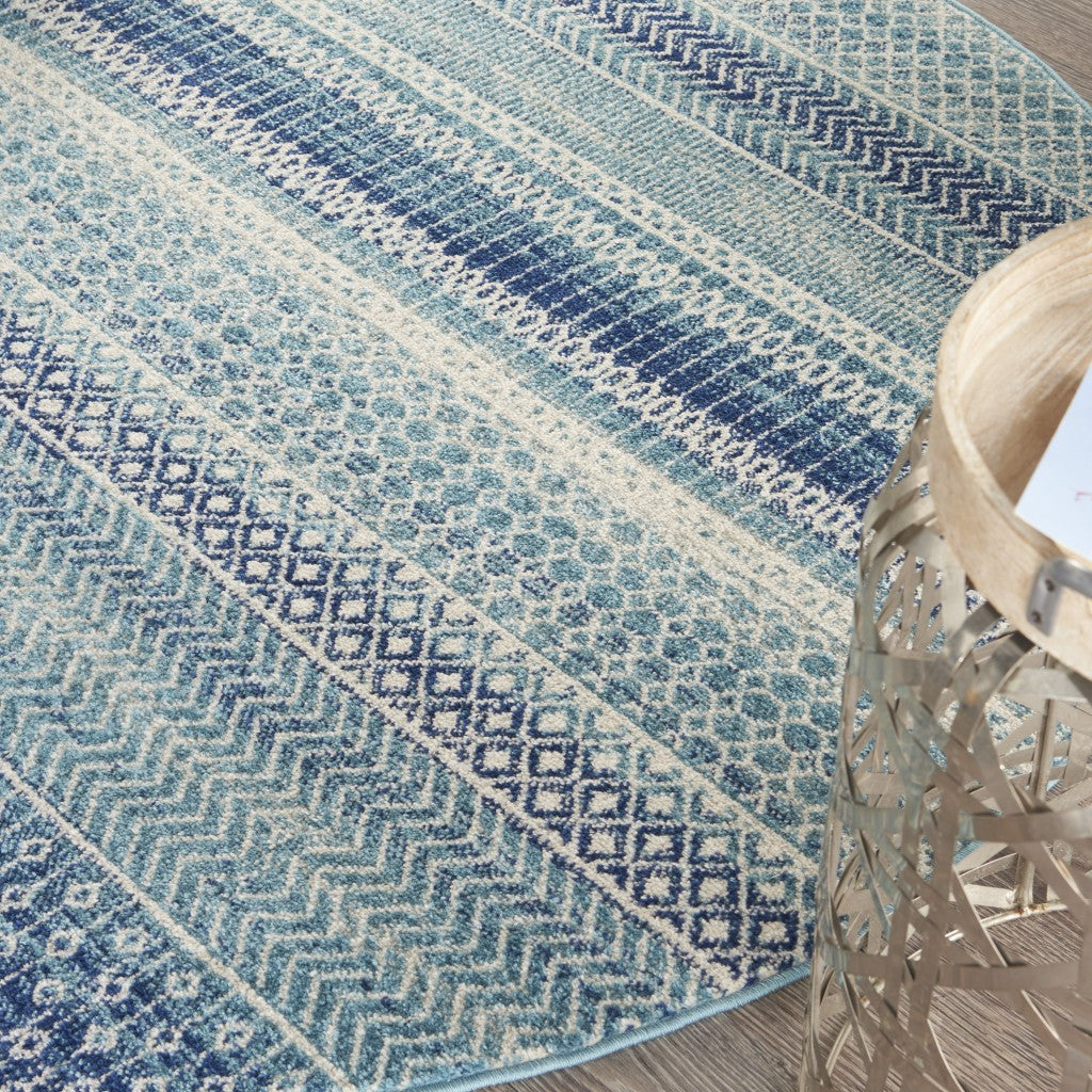 HomeRoots 5' Round Navy Blue Ornate Stripes Area Rug