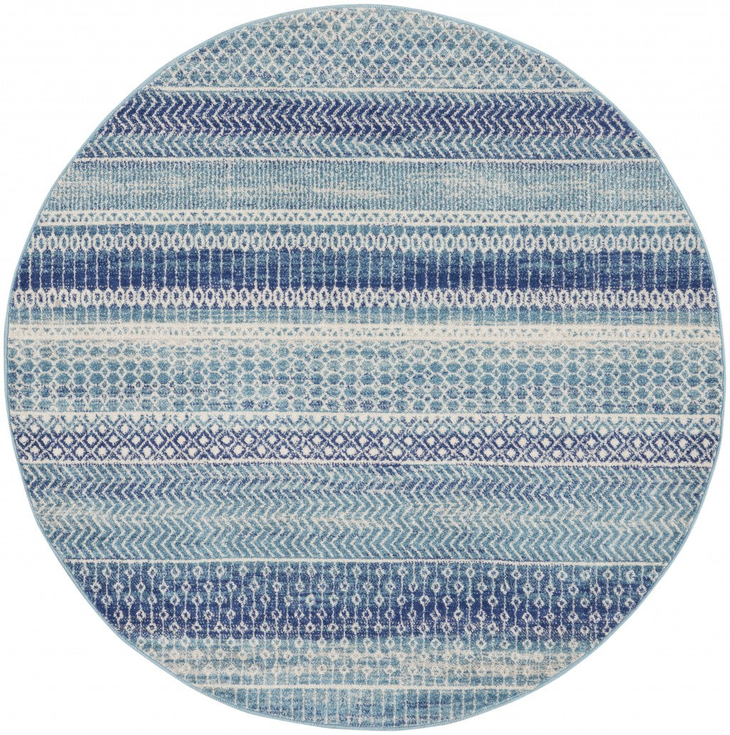 HomeRoots 5' Round Navy Blue Ornate Stripes Area Rug