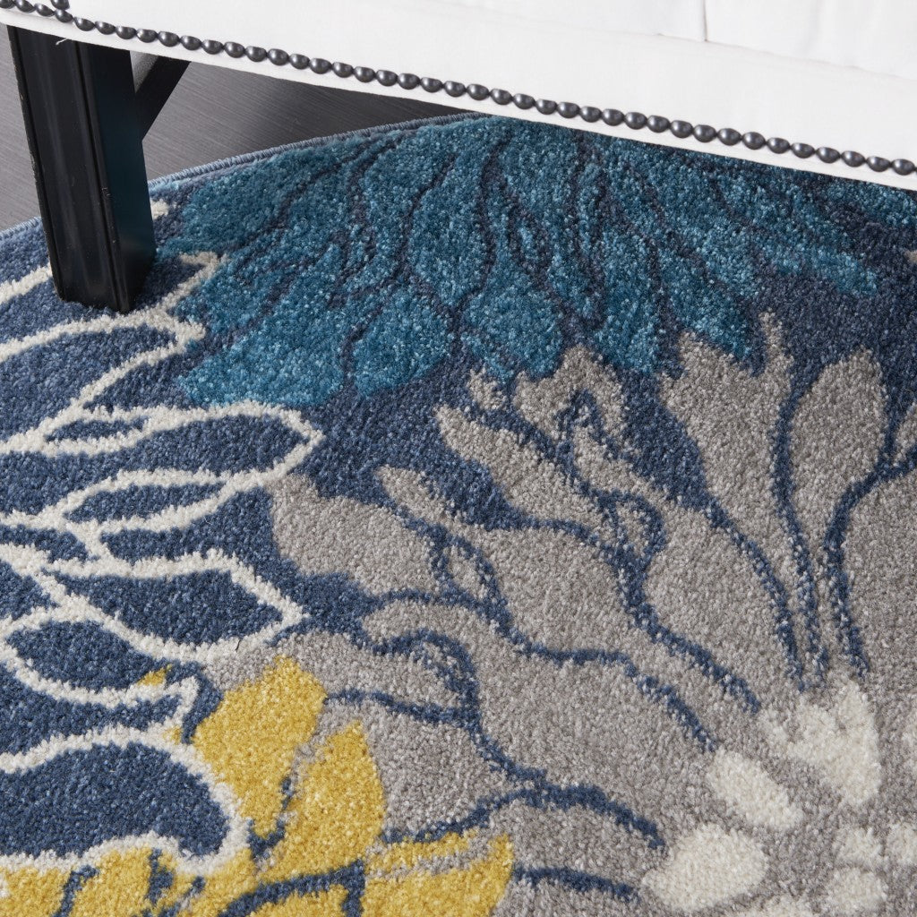 HomeRoots 5’ Round Tropical Flower Area Rug in Blue Finish
