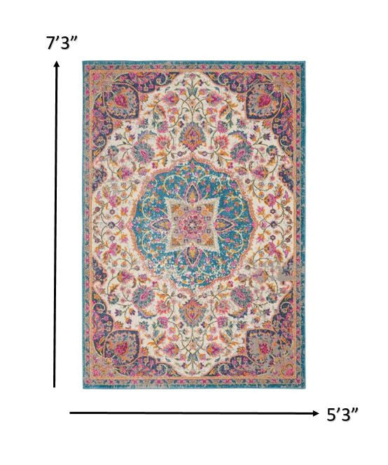 HomeRoots 5’ x 7’ Floral Medallion Area Rug in Pink and Blue Finish