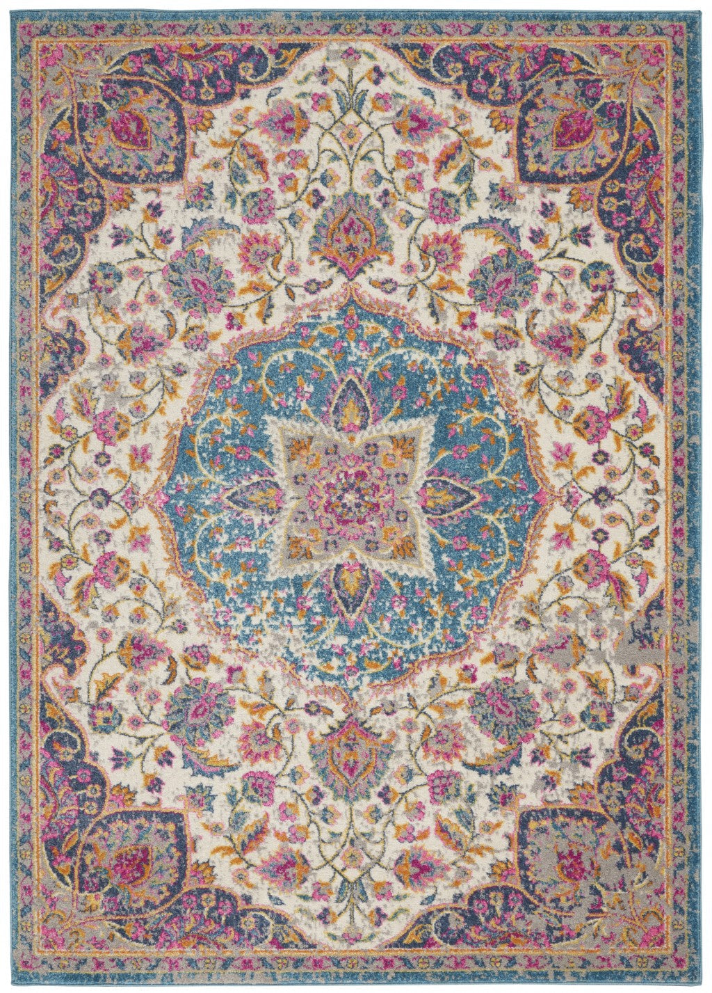 HomeRoots 5’ x 7’ Floral Medallion Area Rug in Pink and Blue Finish
