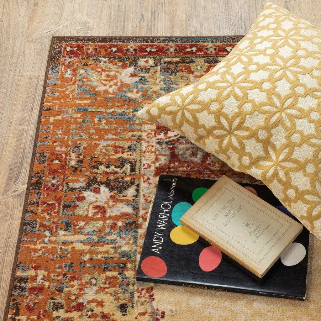 HomeRoots 5’ x 7’ Gold and Orange Floral Medallion Area Rug