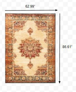 HomeRoots 5’ x 7’ Gold and Orange Floral Medallion Area Rug