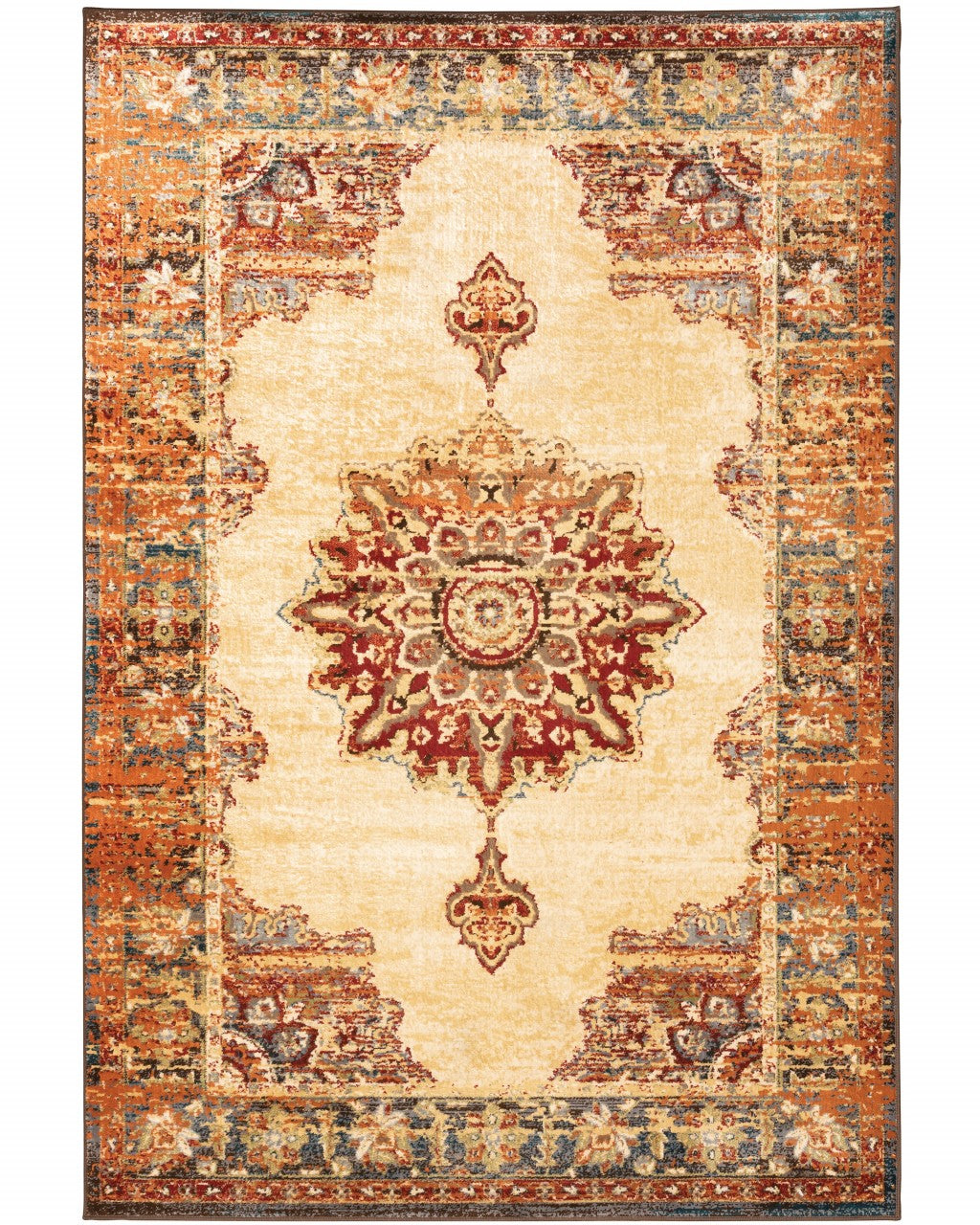 HomeRoots 5’ x 7’ Gold and Orange Floral Medallion Area Rug