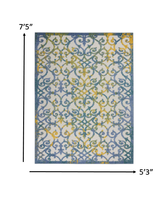 HomeRoots 5’ x 7’ Ivory and Blue Indoor Outdoor Area Rug