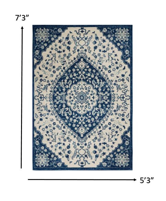 HomeRoots 5’ x 7’ Ivory and Blue Medallion Area Rug
