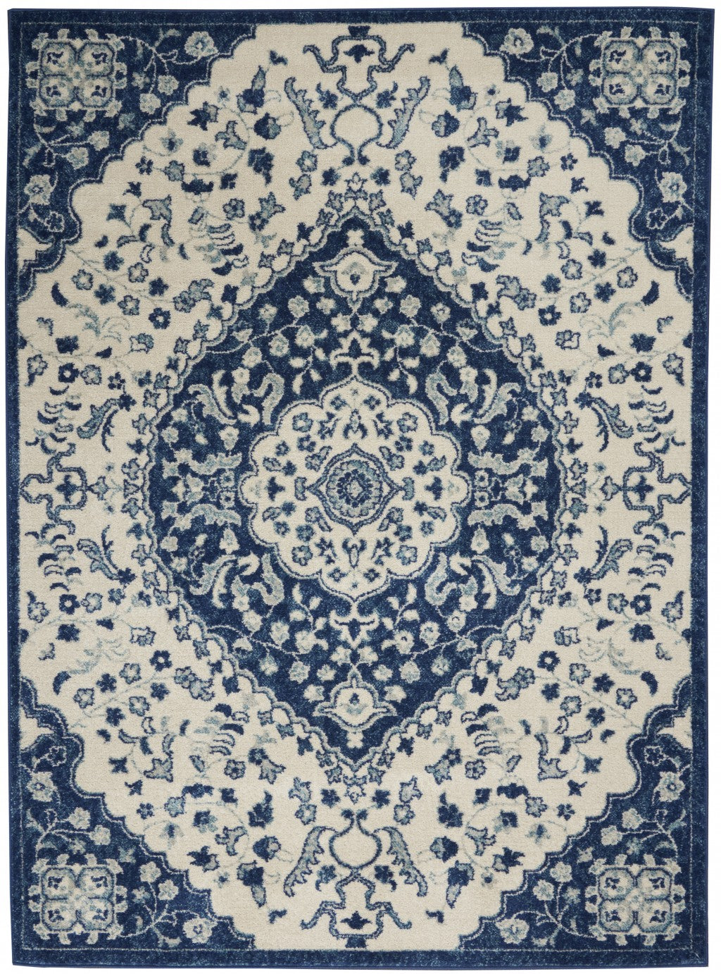 HomeRoots 5’ x 7’ Ivory and Blue Medallion Area Rug