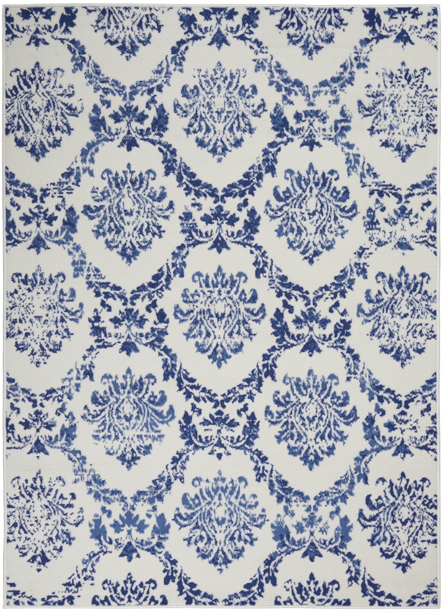 HomeRoots 5’ x 7’ Ivory and Navy Damask Area Rug