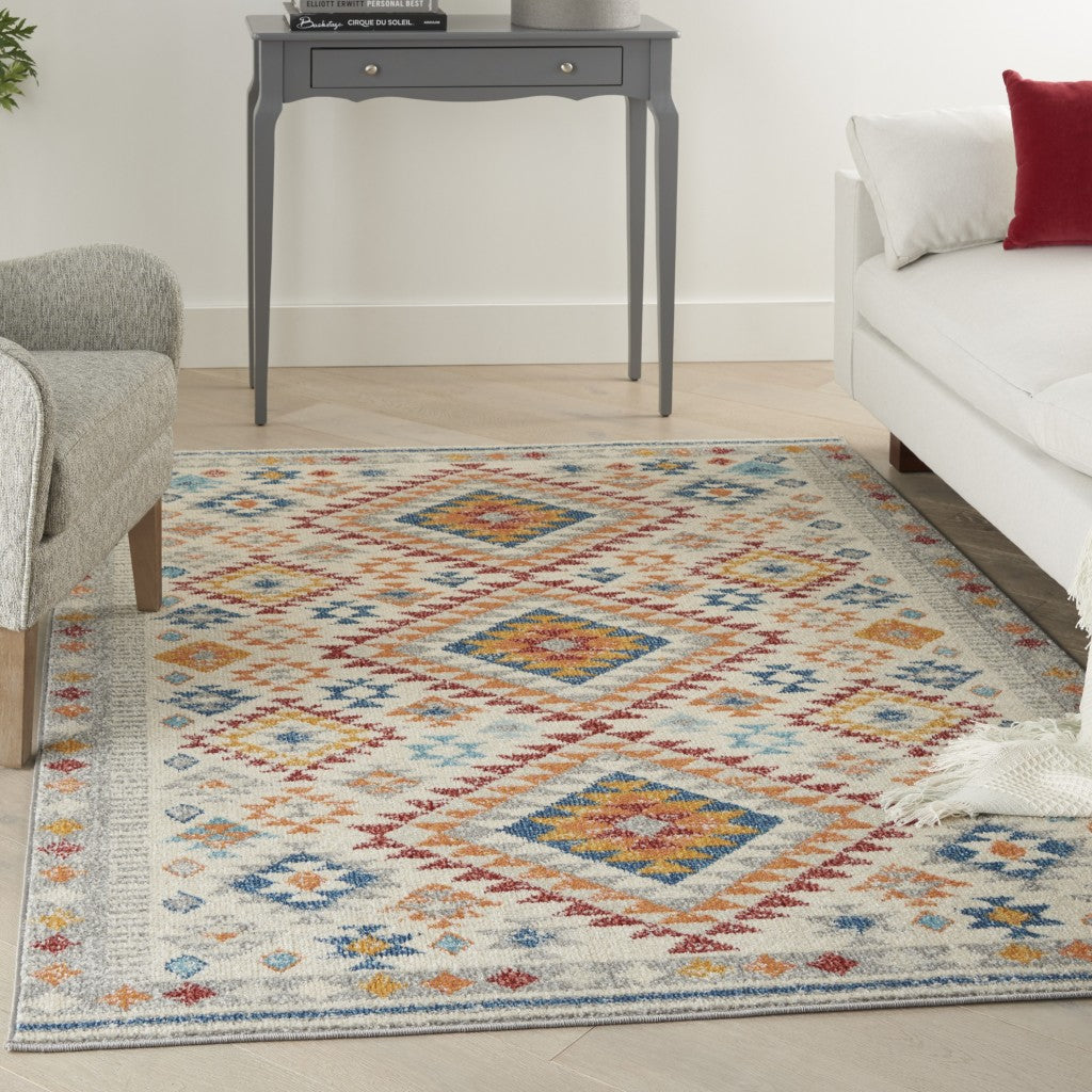 HomeRoots 5’ x 7’ Ivory and Red Diamonds Area Rug