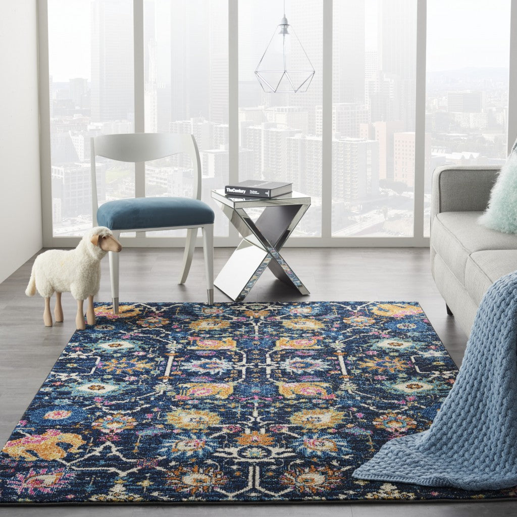 HomeRoots 5’ x 7’ Navy Blue Floral Buds Area Rug