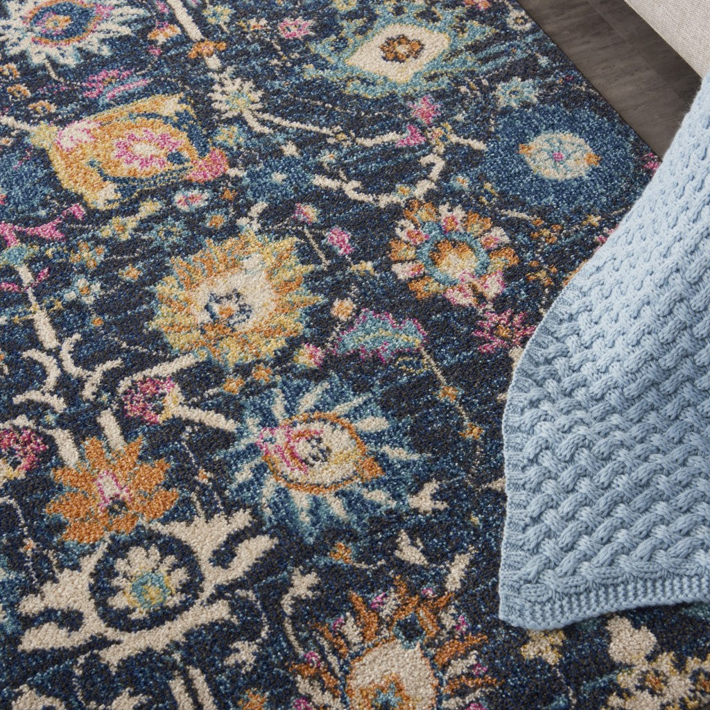 HomeRoots 5’ x 7’ Navy Blue Floral Buds Area Rug