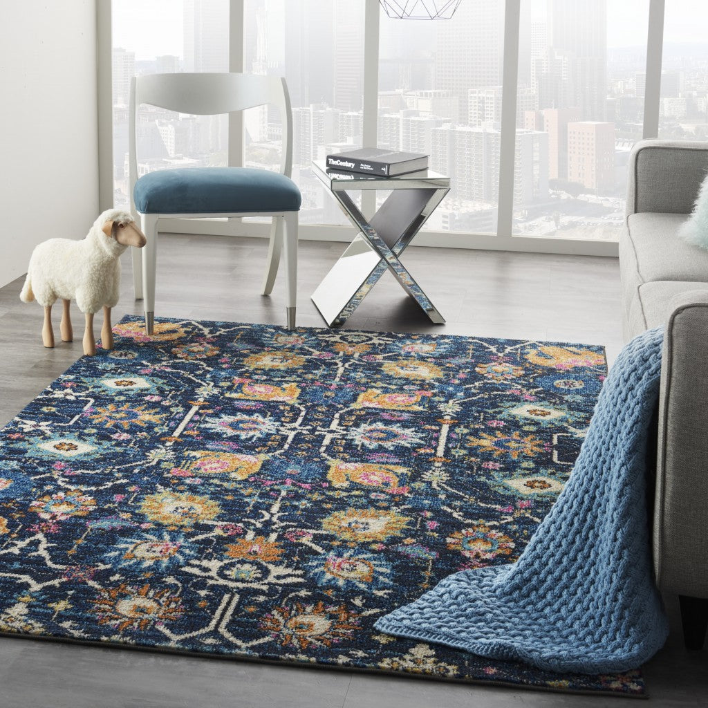 HomeRoots 5’ x 7’ Navy Blue Floral Buds Area Rug