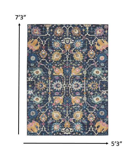 HomeRoots 5’ x 7’ Navy Blue Floral Buds Area Rug