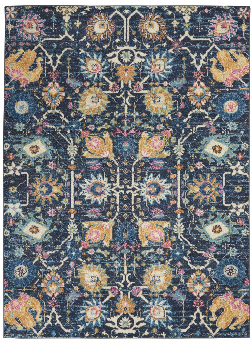 HomeRoots 5’ x 7’ Navy Blue Floral Buds Area Rug