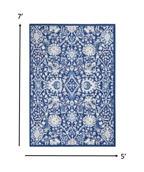 HomeRoots 5’ x 7’ Navy and Ivory Area Rug in Intricate Floral Finish