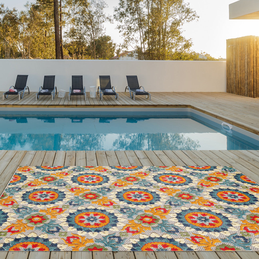 HomeRoots 5’ x 7’ Orange Floral Lattice Indoor Outdoor Area Rug