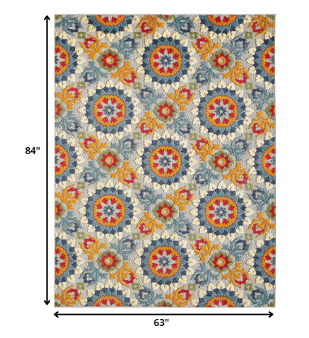 HomeRoots 5’ x 7’ Orange Floral Lattice Indoor Outdoor Area Rug