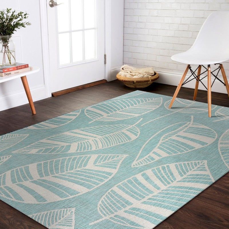 HomeRoots 5' x 7' Teal Leaves Indoor Outdoor Area Rug