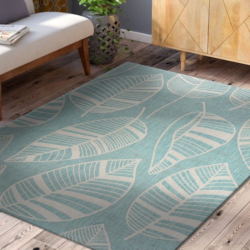 HomeRoots 5' x 7' Teal Leaves Indoor Outdoor Area Rug