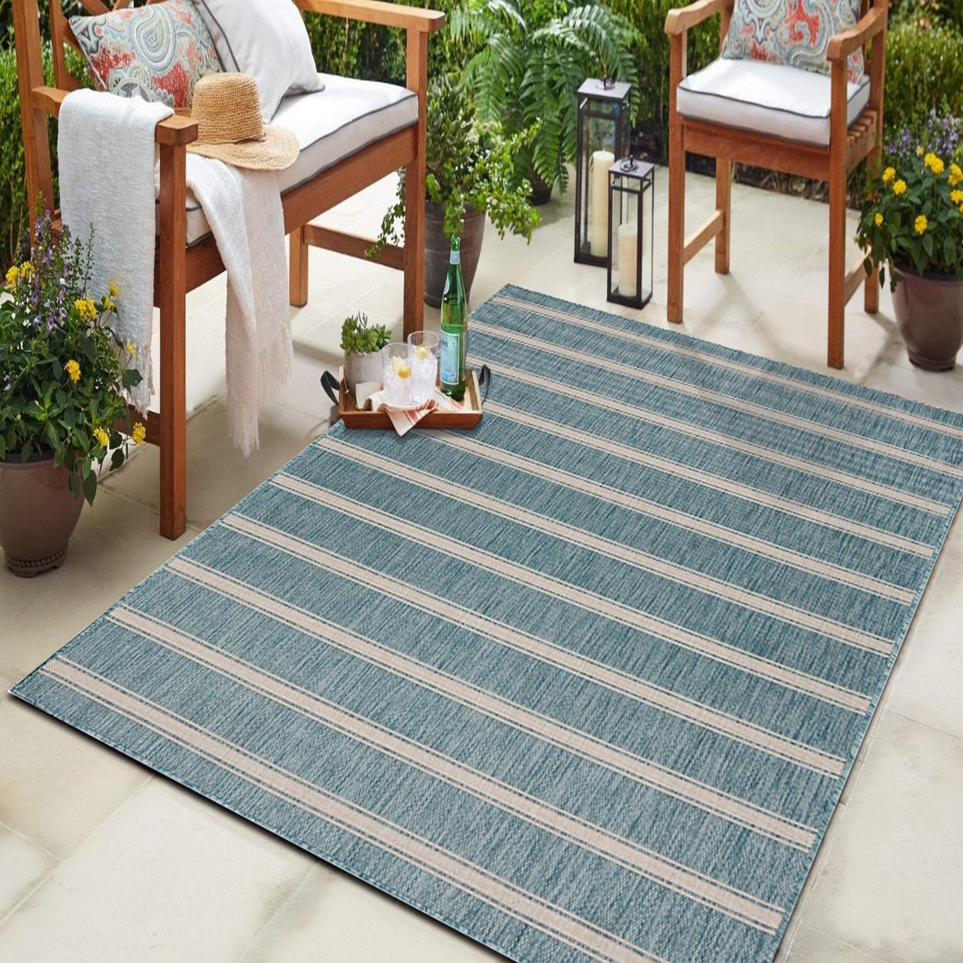 HomeRoots 5' x 7' Teal Striped Indoor Outdoor Area Rug