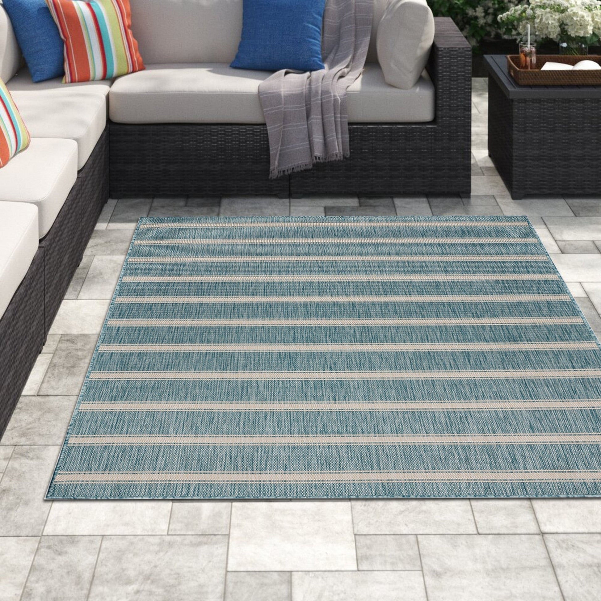 HomeRoots 5' x 7' Teal Striped Indoor Outdoor Area Rug