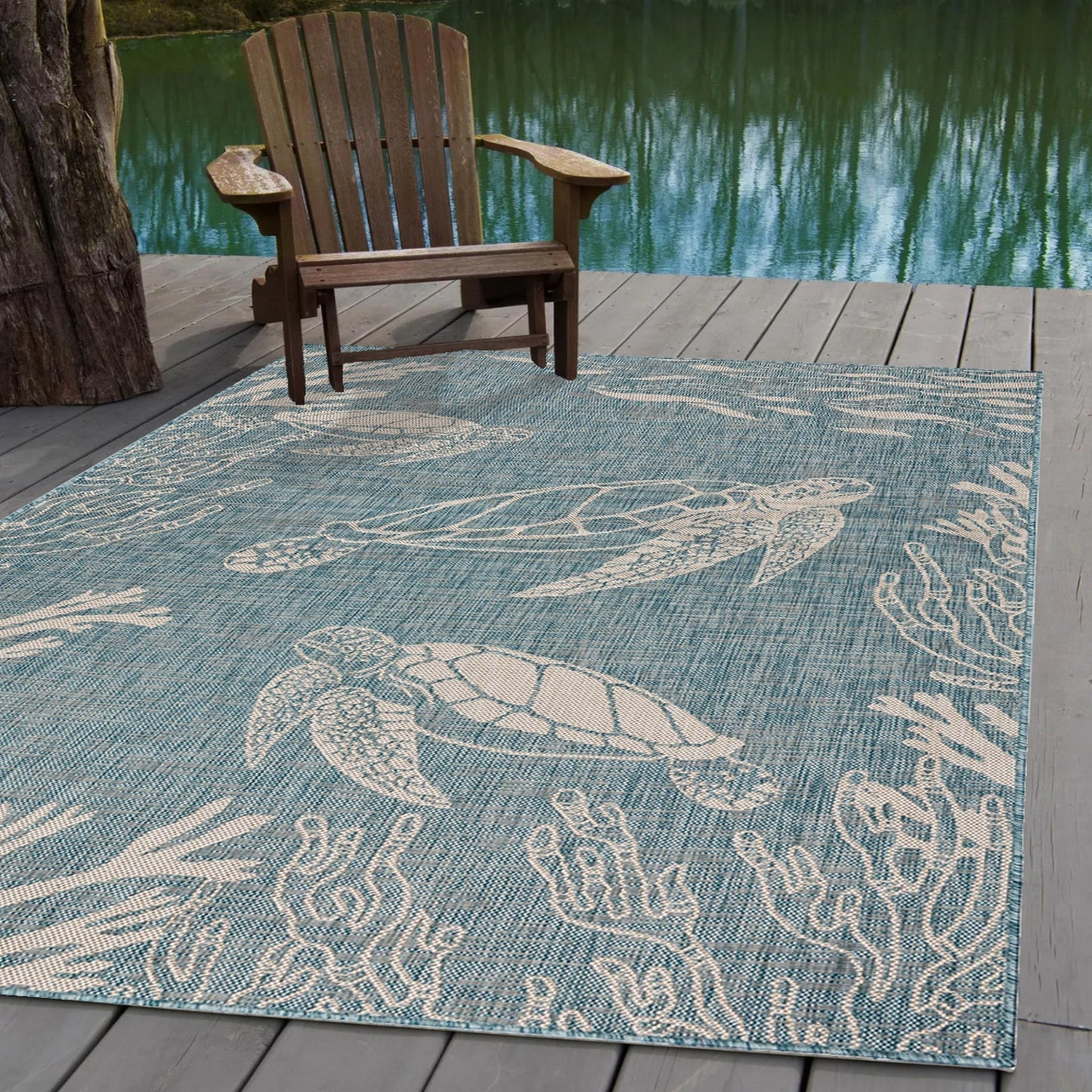 HomeRoots 5' x 7' Teal Turtle Indoor Outdoor Area Rug