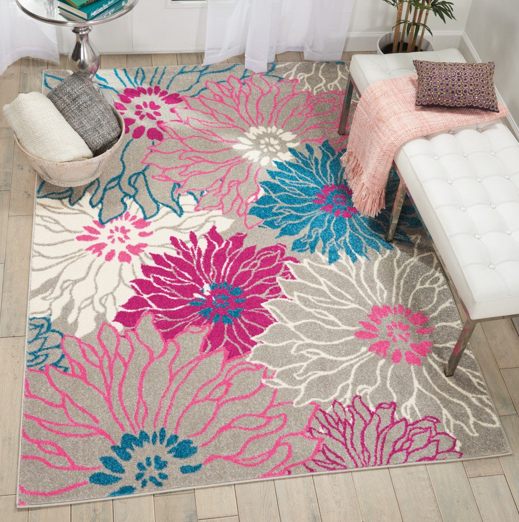 HomeRoots 5’ x 7’ Tropical Flower Area Rug in Gray and Pink Finish