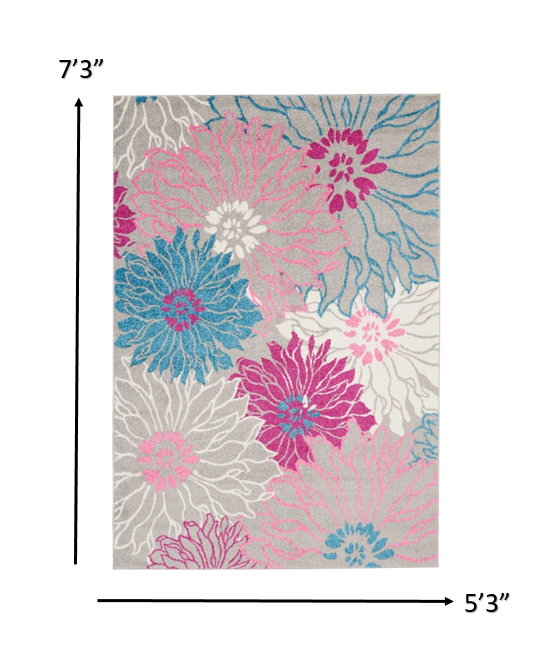 HomeRoots 5’ x 7’ Tropical Flower Area Rug in Gray and Pink Finish