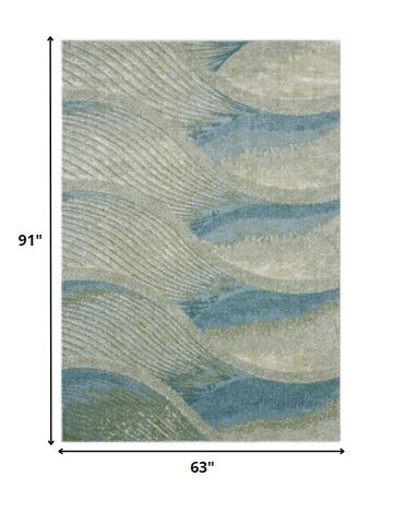 HomeRoots 5' x 8' Blue Beige Abstract Waves Modern Area Rug