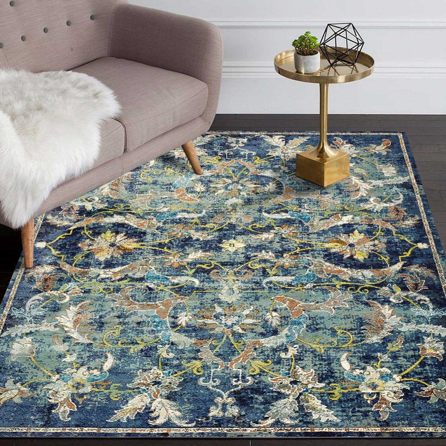 HomeRoots 5' x 8' Blue and White Jacobean Pattern Area Rug