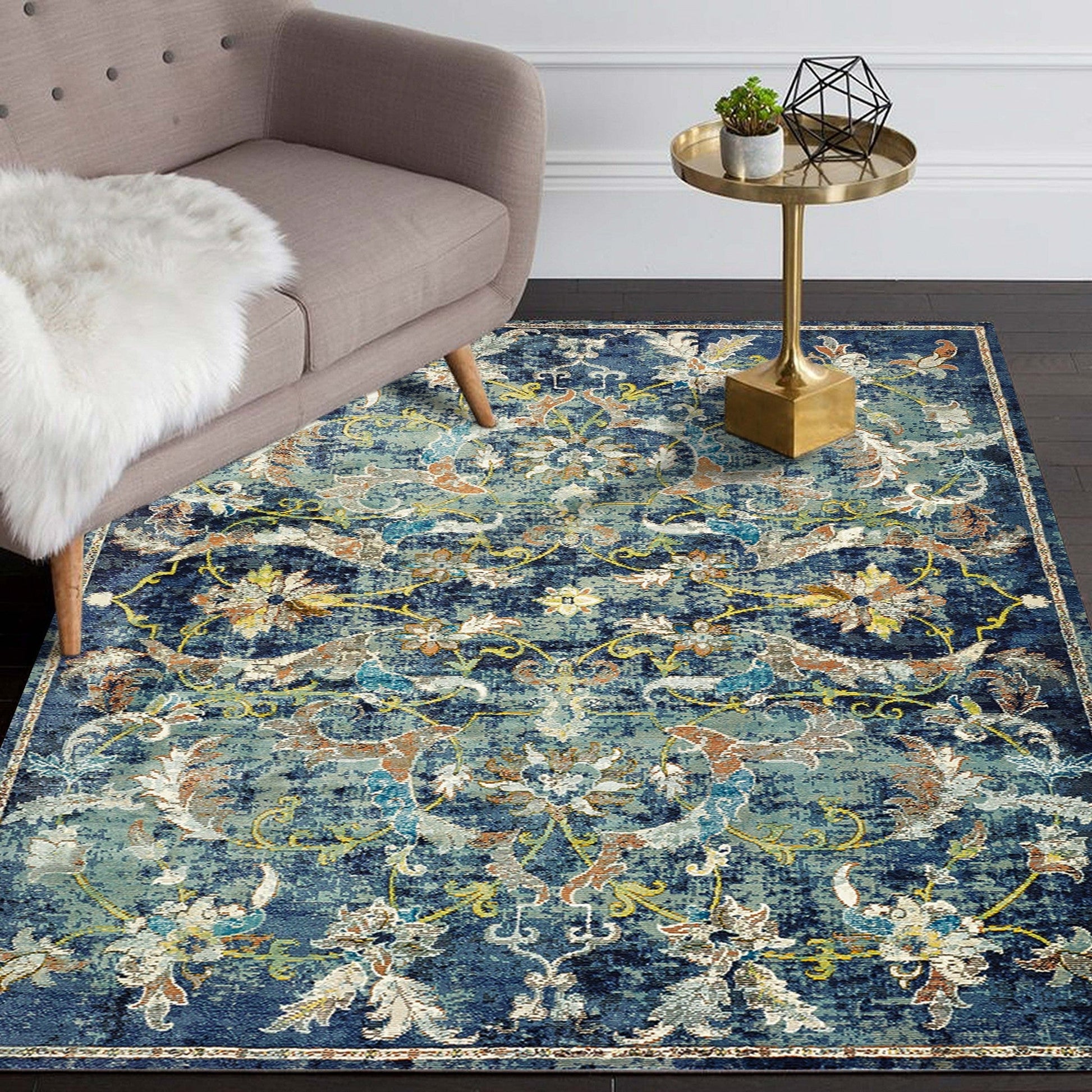 HomeRoots 5' x 8' Blue and White Jacobean Pattern Area Rug