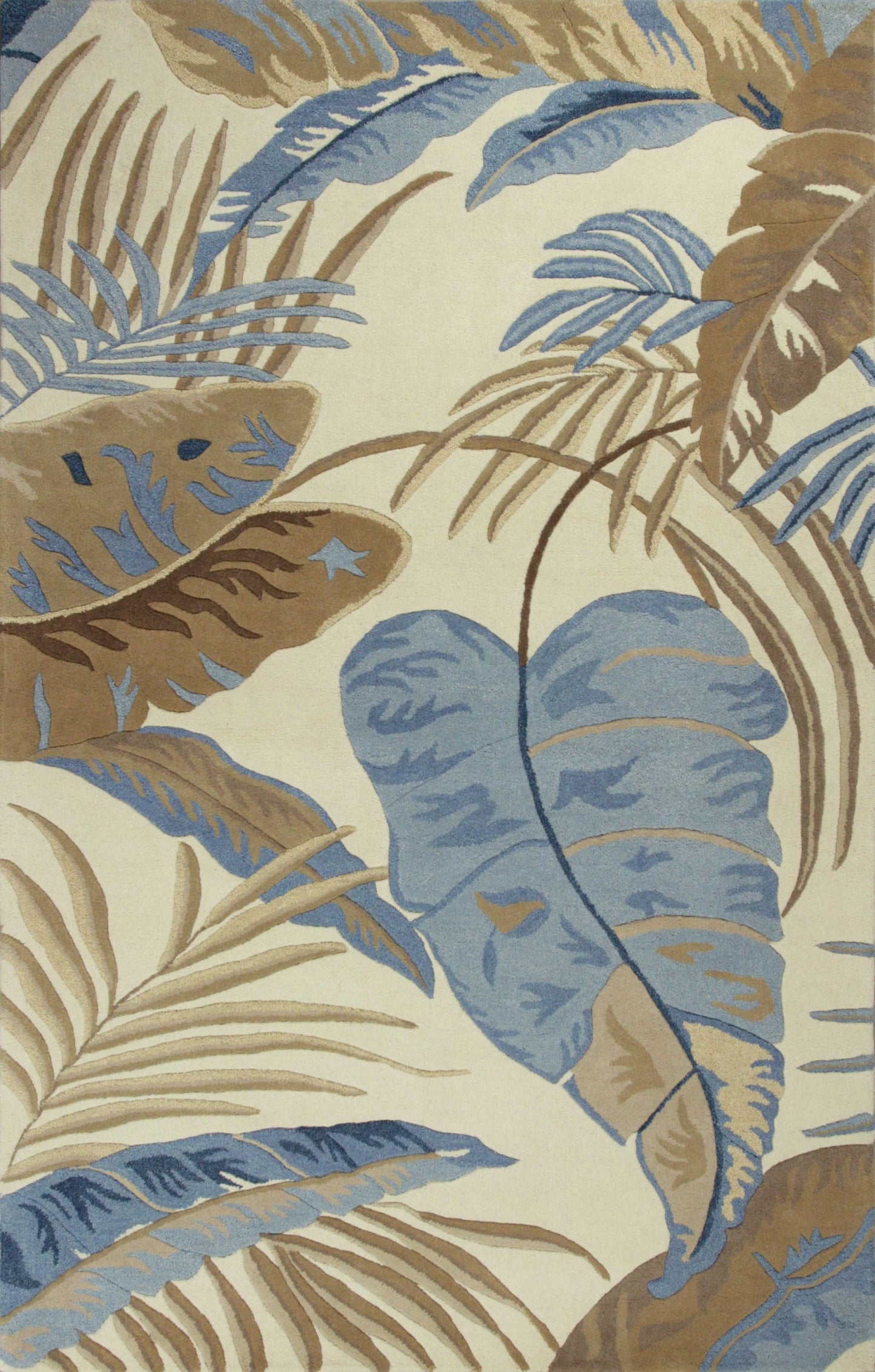 HomeRoots 5' x 8' Ivory Blue Hand Tufted Tropical Leaves Indoor Area Rug