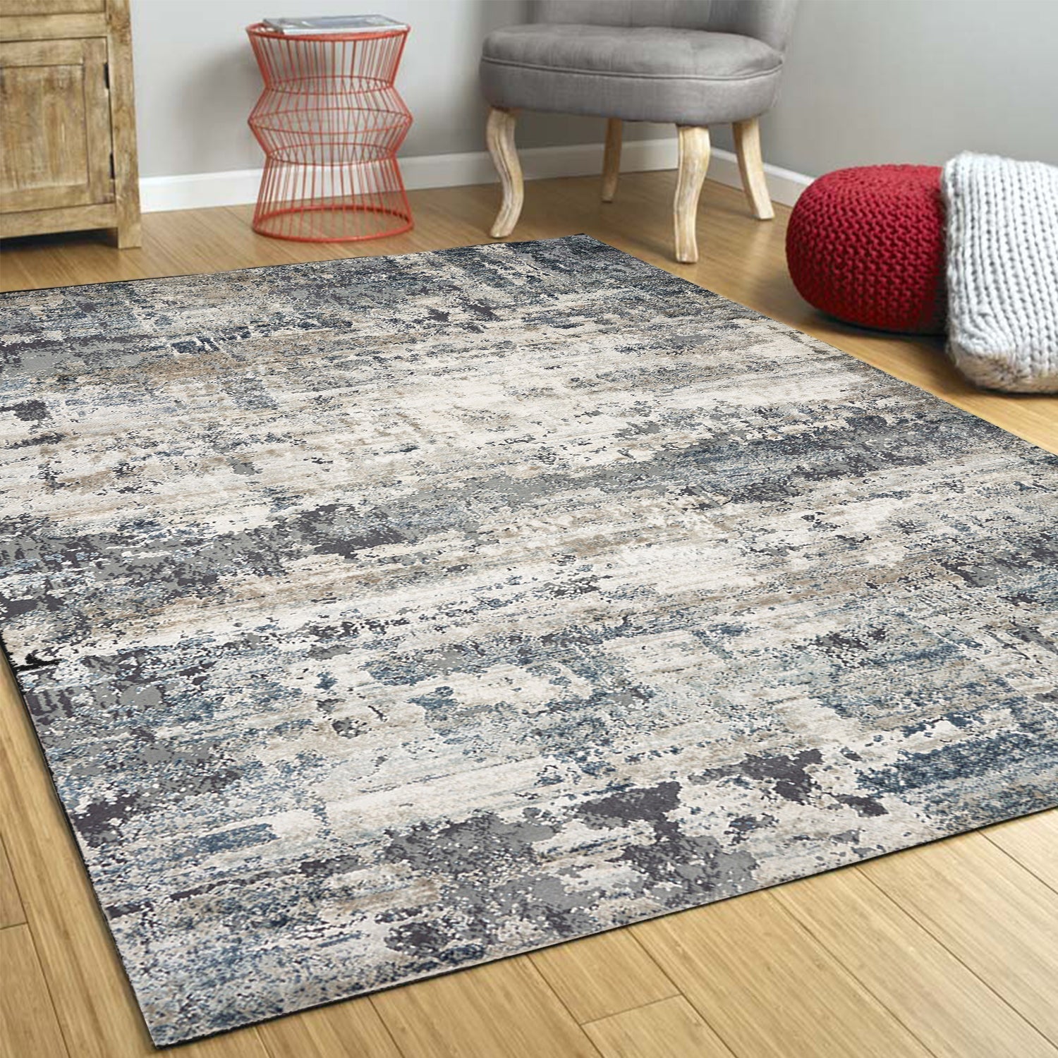 HomeRoots 5' x 8' Ivory Teal Machine Woven Abstract Splatter Indoor Area Rug