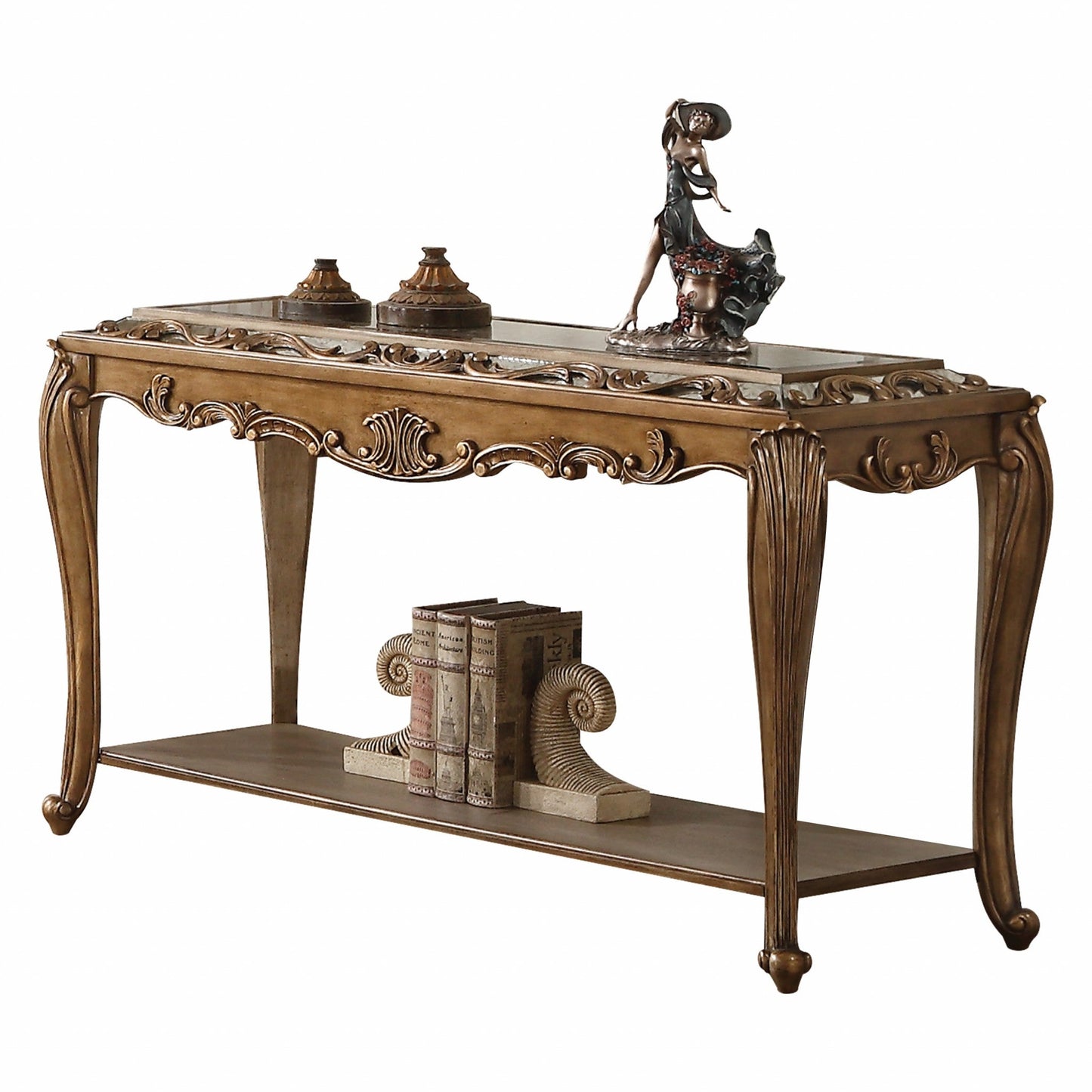 HomeRoots 52" x 20" x 30" Mirrored Sofa Table With Antique Gold Finish