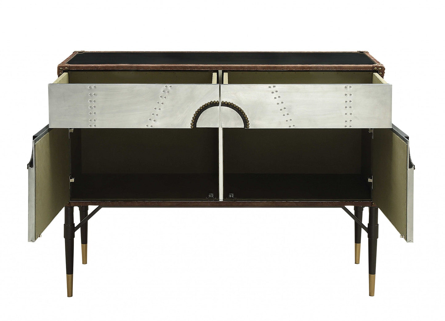 HomeRoots 52" x 21" x 40" Brown Top Grain Leather And Aluminum Console Table