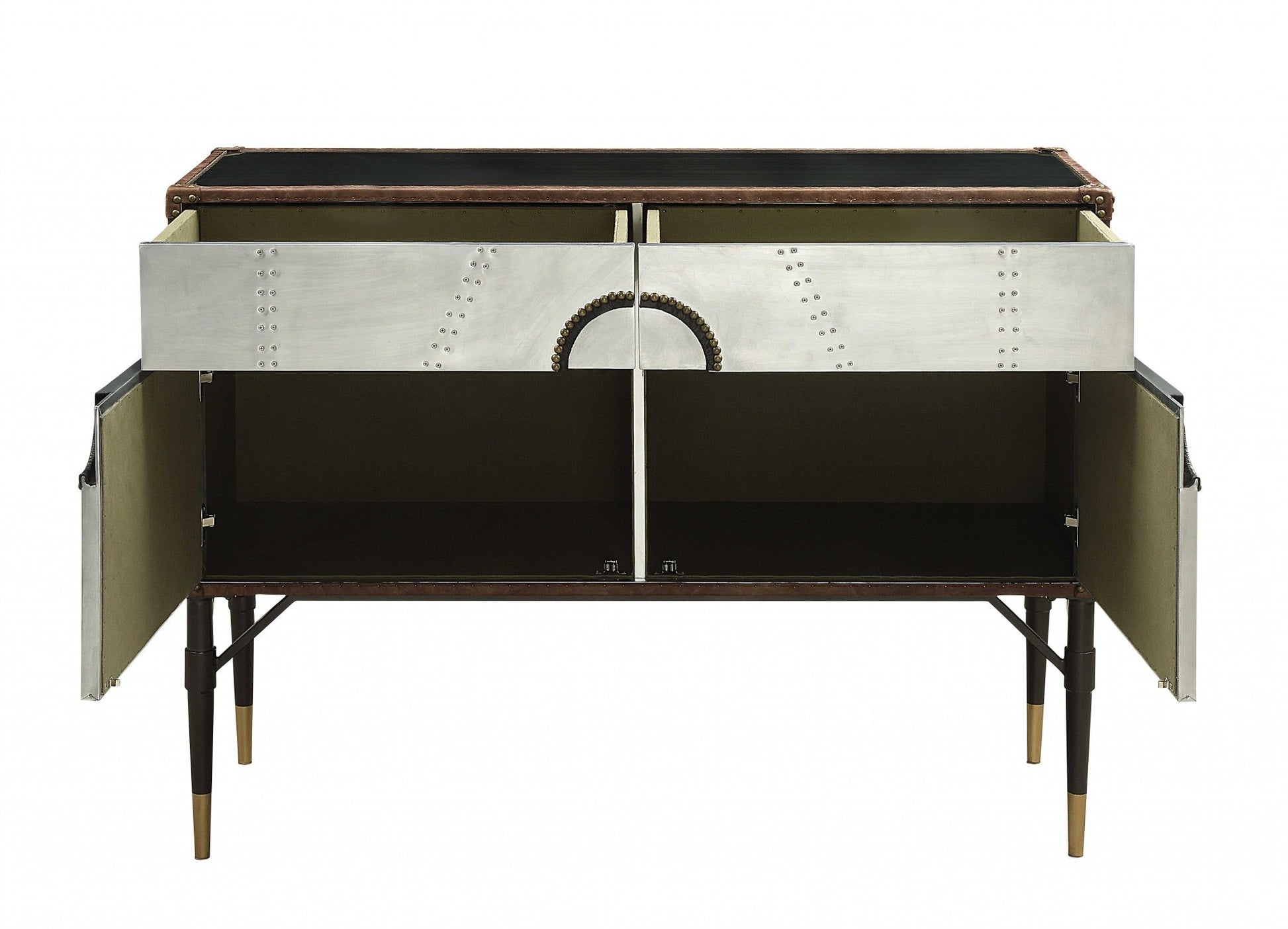 HomeRoots 52" x 21" x 40" Brown Top Grain Leather And Aluminum Console Table
