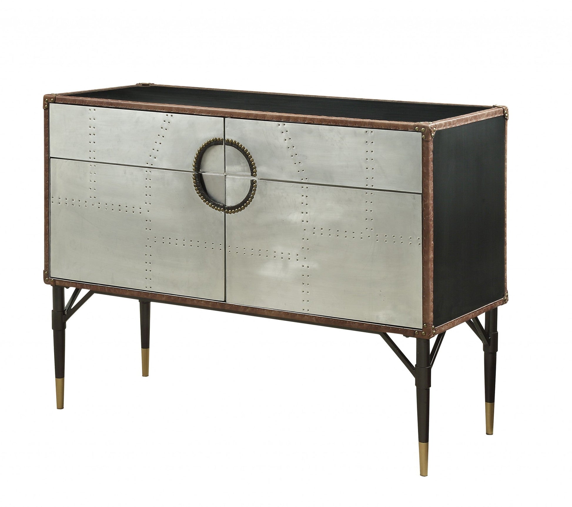 HomeRoots 52" x 21" x 40" Brown Top Grain Leather And Aluminum Console Table