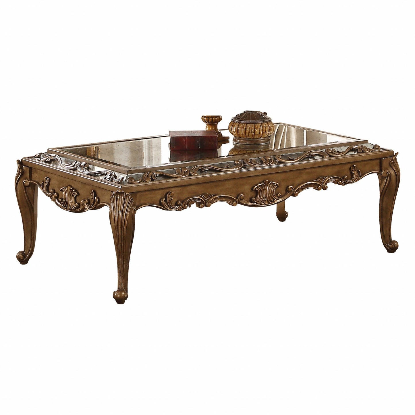 HomeRoots 52" x 30" x 18" Mirrored Coffee Table With Antique Gold Finish