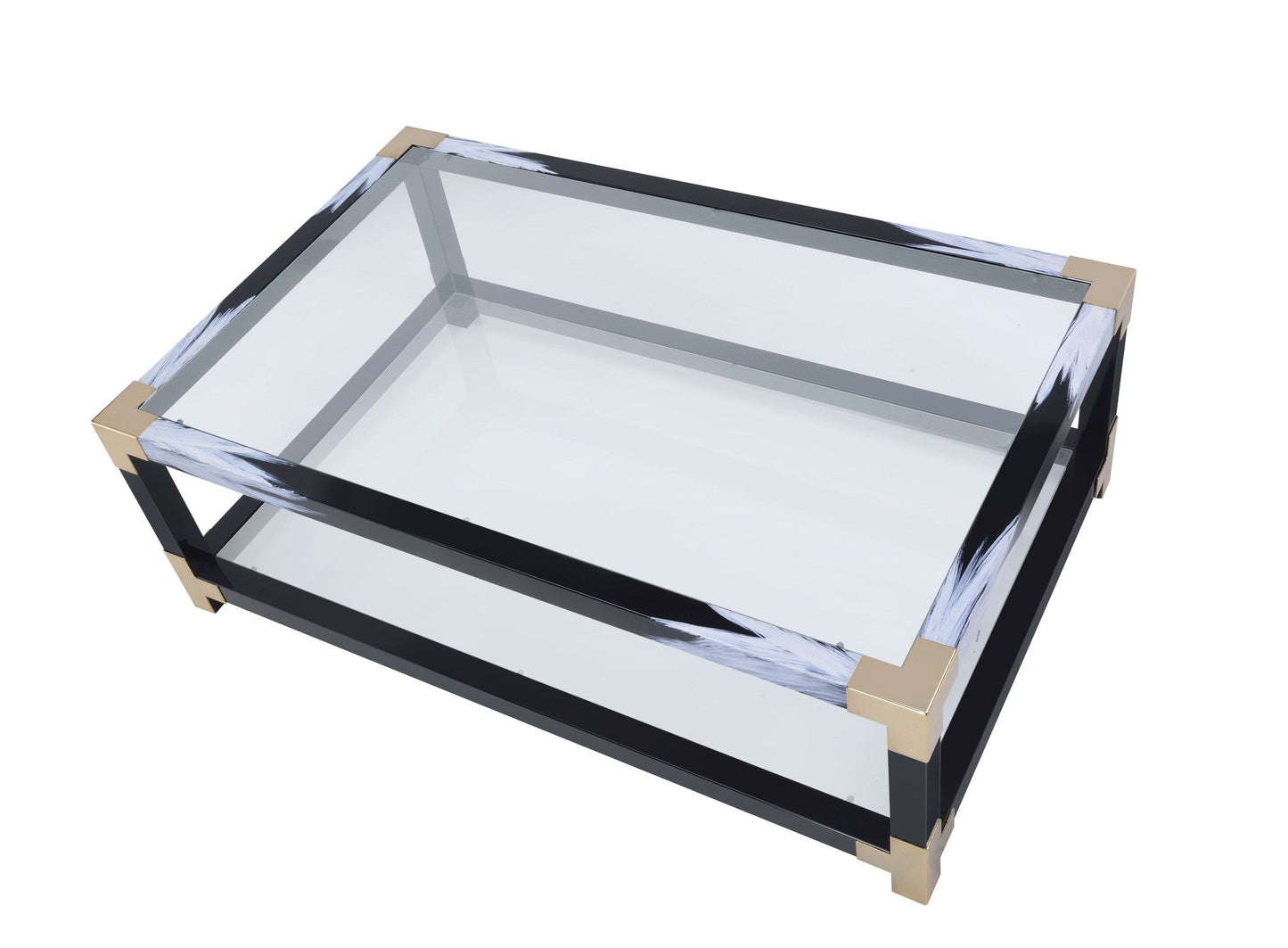 HomeRoots 54' x 18' x 34' White Brushed Black Gold And Clear Glass Coffee Table