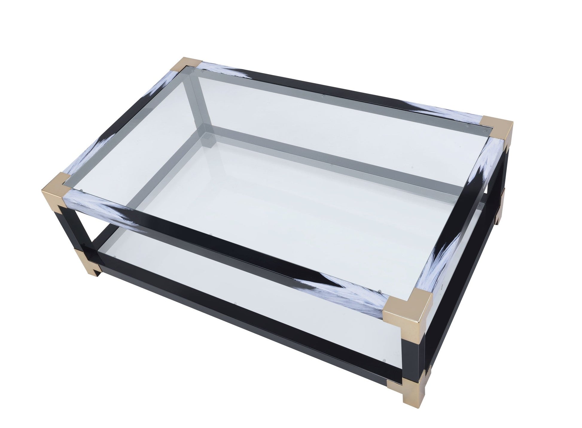 HomeRoots 54' x 18' x 34' White Brushed Black Gold And Clear Glass Coffee Table