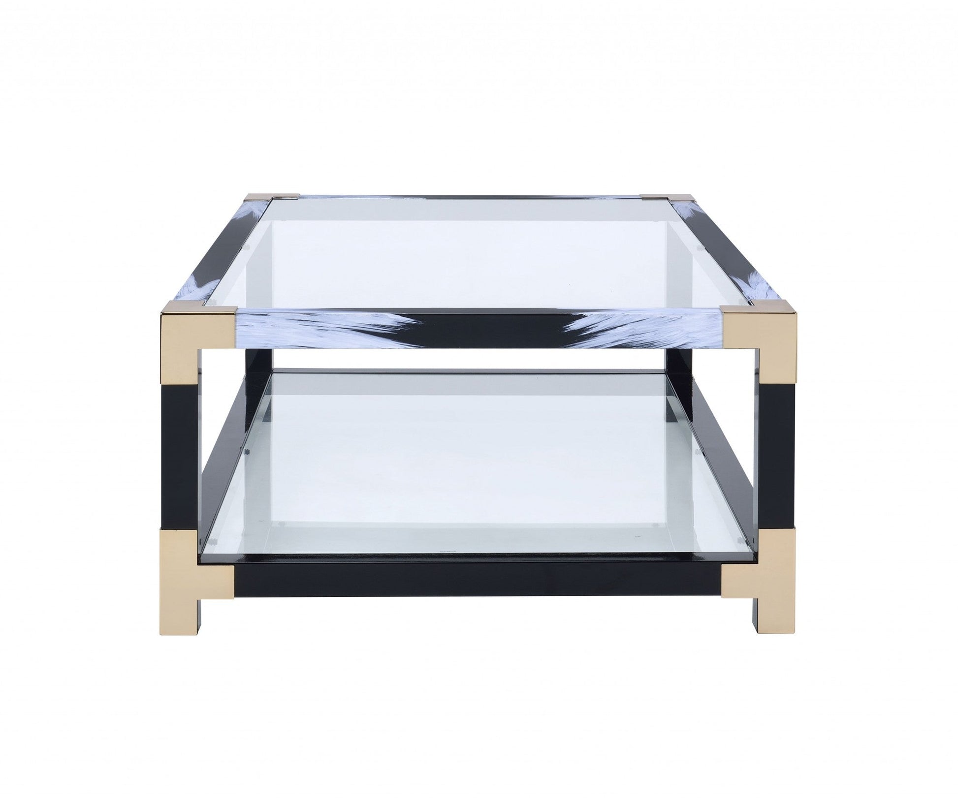 HomeRoots 54' x 18' x 34' White Brushed Black Gold And Clear Glass Coffee Table