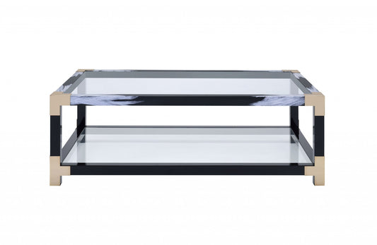 HomeRoots 54' x 18' x 34' White Brushed Black Gold And Clear Glass Coffee Table
