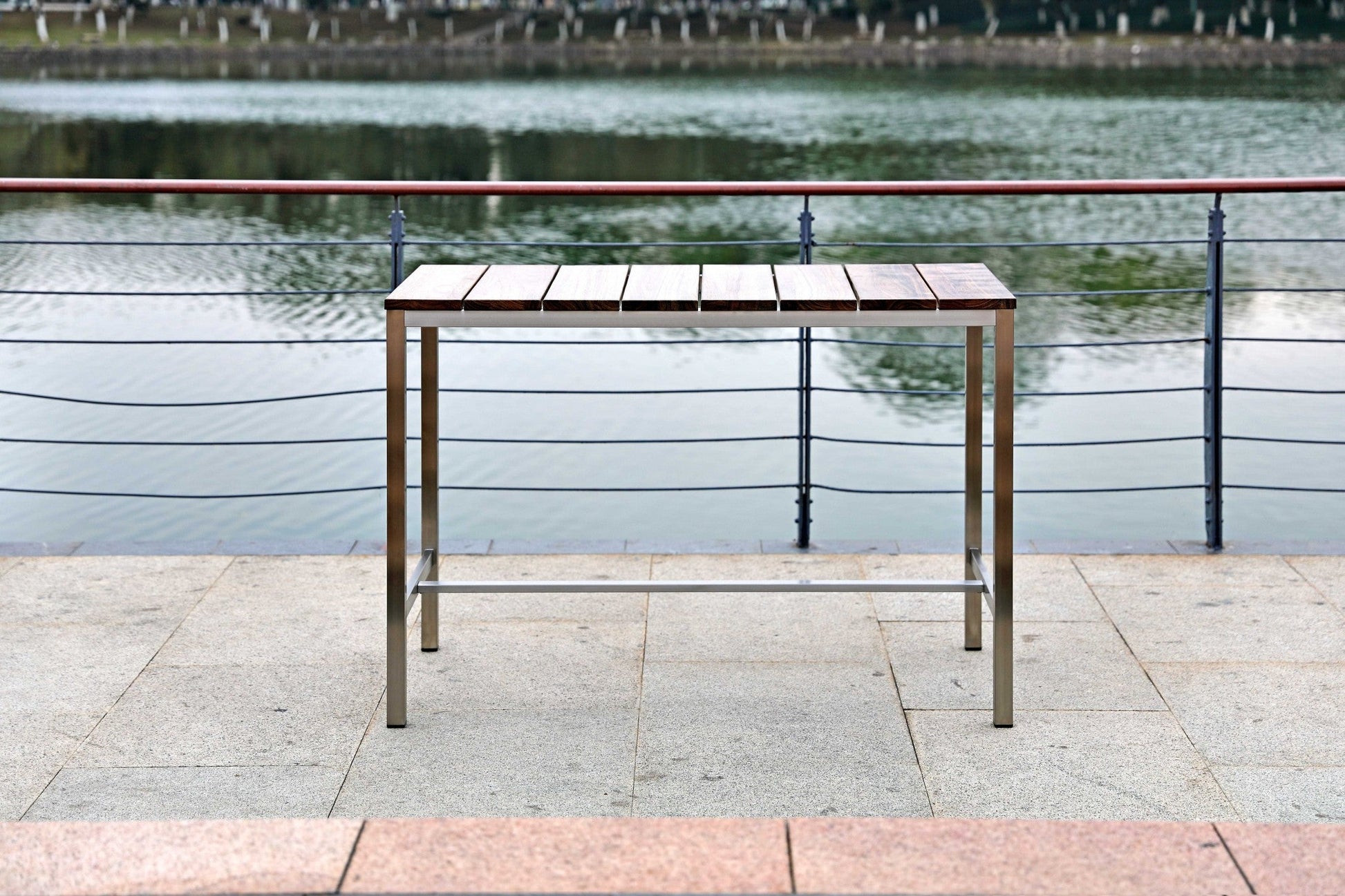 HomeRoots 55 x 27 x 42 Teak Wood & Stainless Steel Bar Table