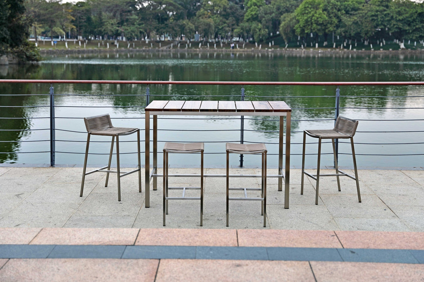 HomeRoots 55 x 27 x 42 Teak Wood & Stainless Steel Bar Table