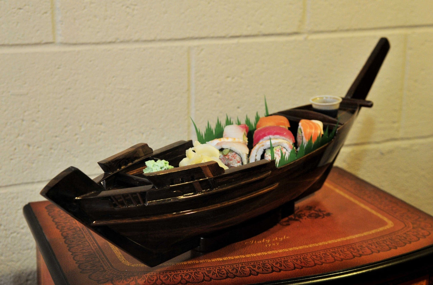 HomeRoots 5.5" x 27" x 8.5" Dhow Boat Sushi Tray With Natural Wood Finish