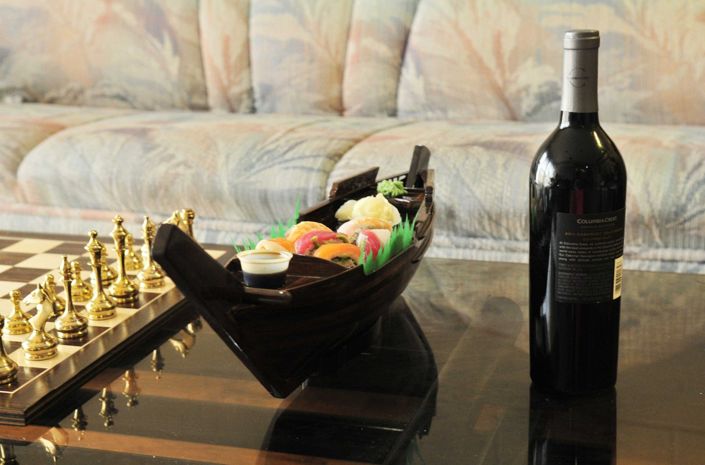 HomeRoots 5.5" x 27" x 8.5" Dhow Boat Sushi Tray With Natural Wood Finish