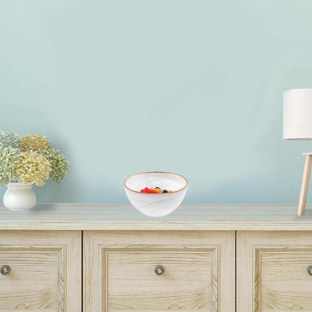 HomeRoots 6 Hand Crafted White Gold Glass Bowl With Gold Rim