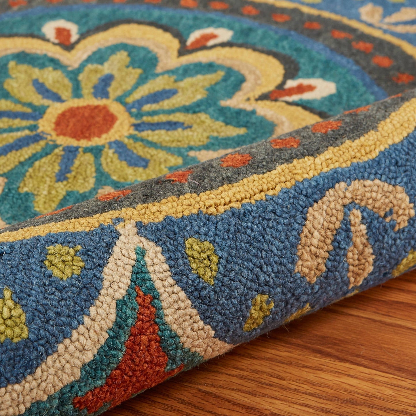 HomeRoots 6' Round Blue Floral Mandala Area Rug