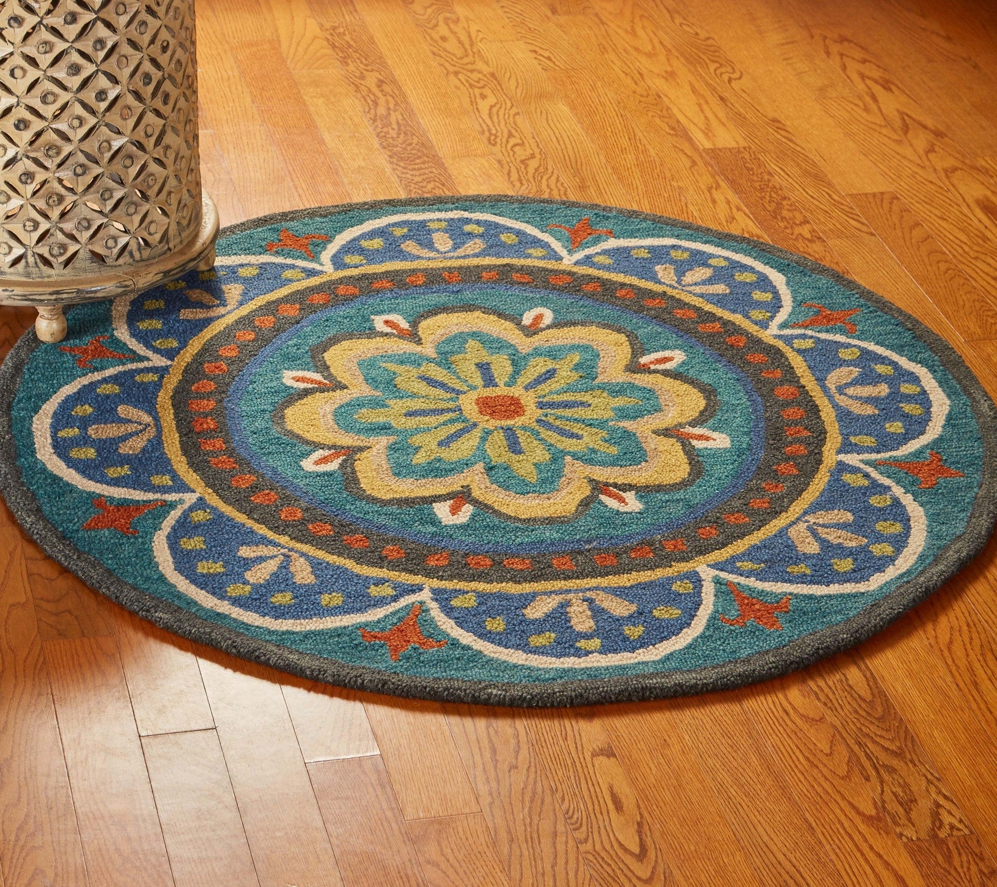 HomeRoots 6' Round Blue Floral Mandala Area Rug