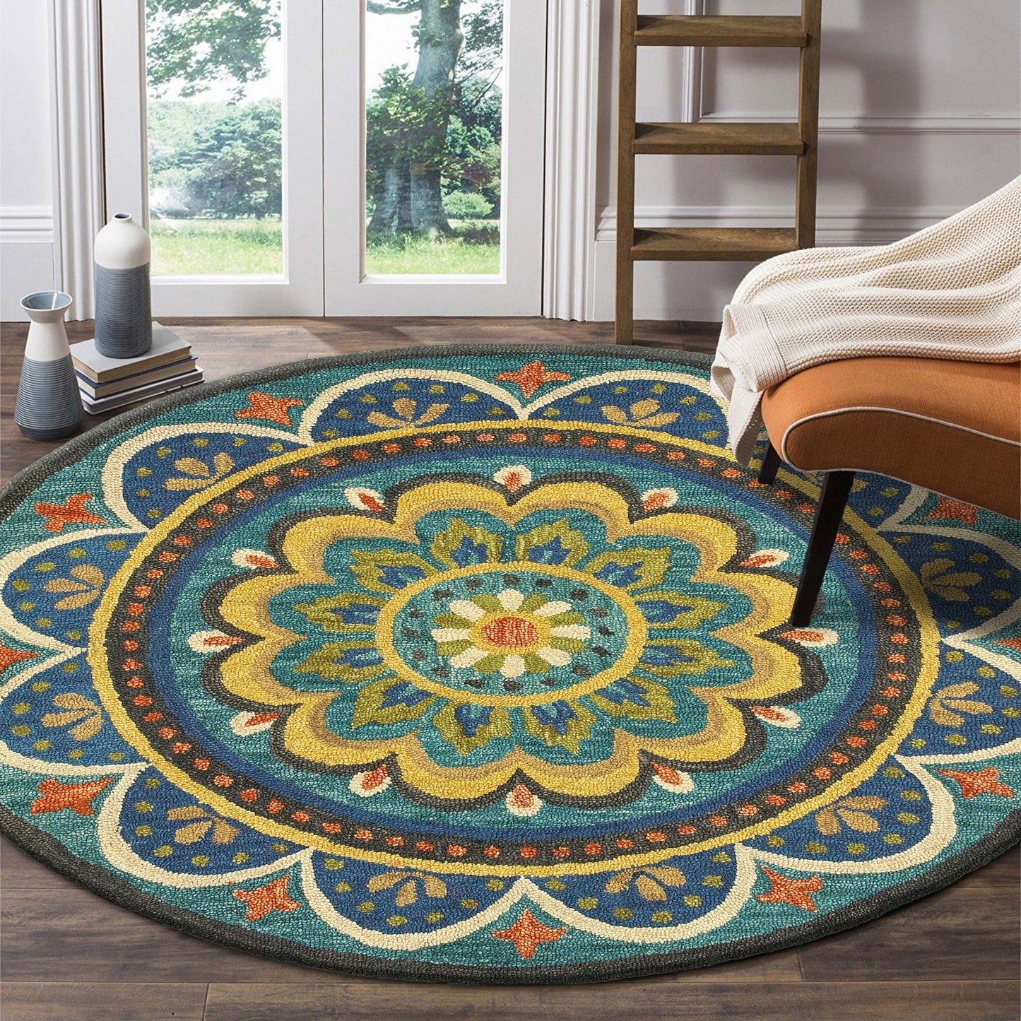 HomeRoots 6' Round Blue Floral Mandala Area Rug